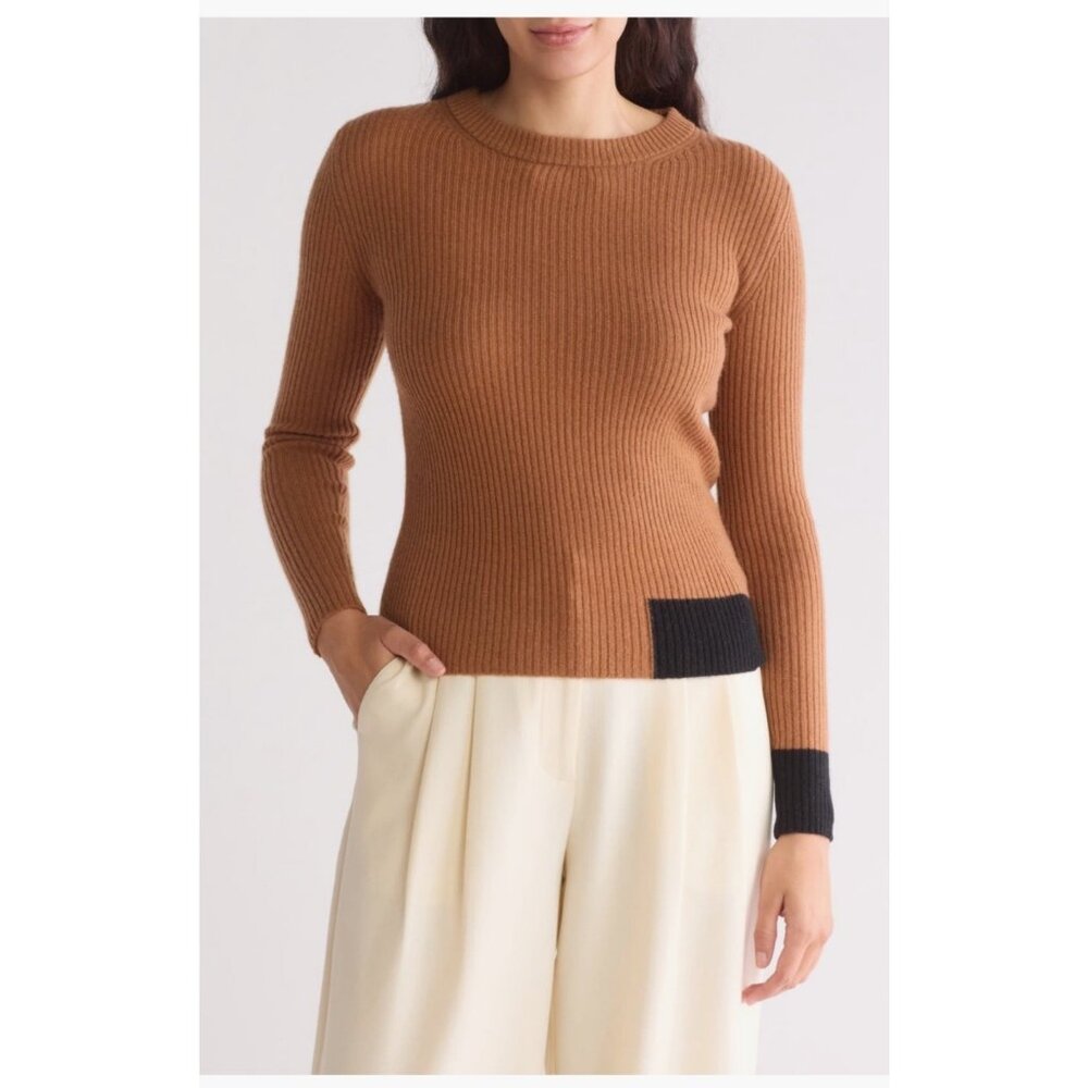 ELIE TAHARI Cashmere Colorblock Sweater‎ XXS - XS NWT Women's Tan Brown Black